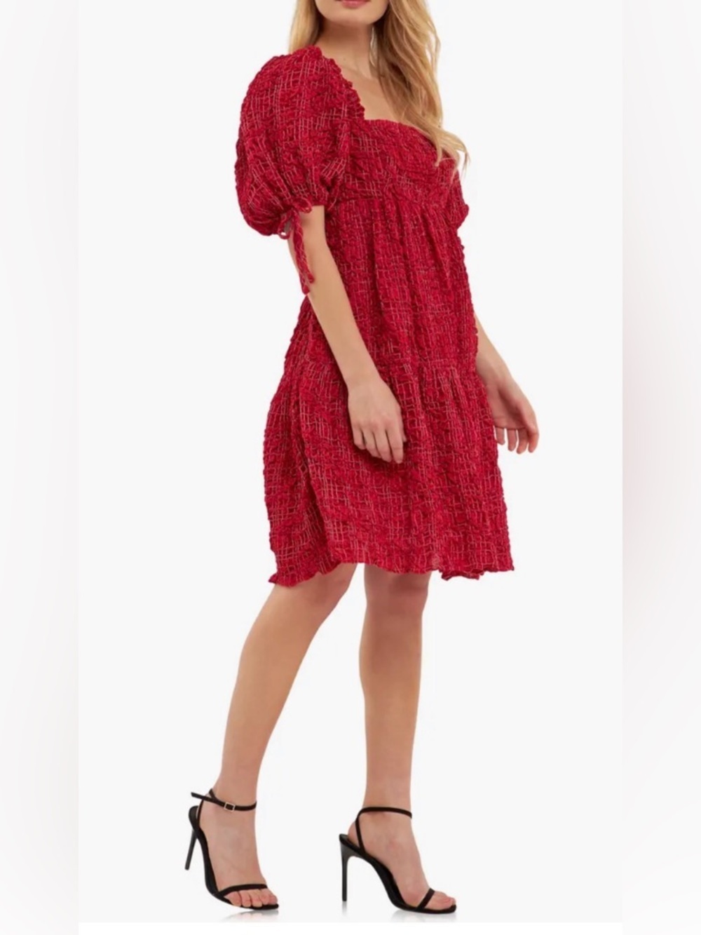 English Factory Red Smocked Puff Sleeve A-Line Dress NWOT Large